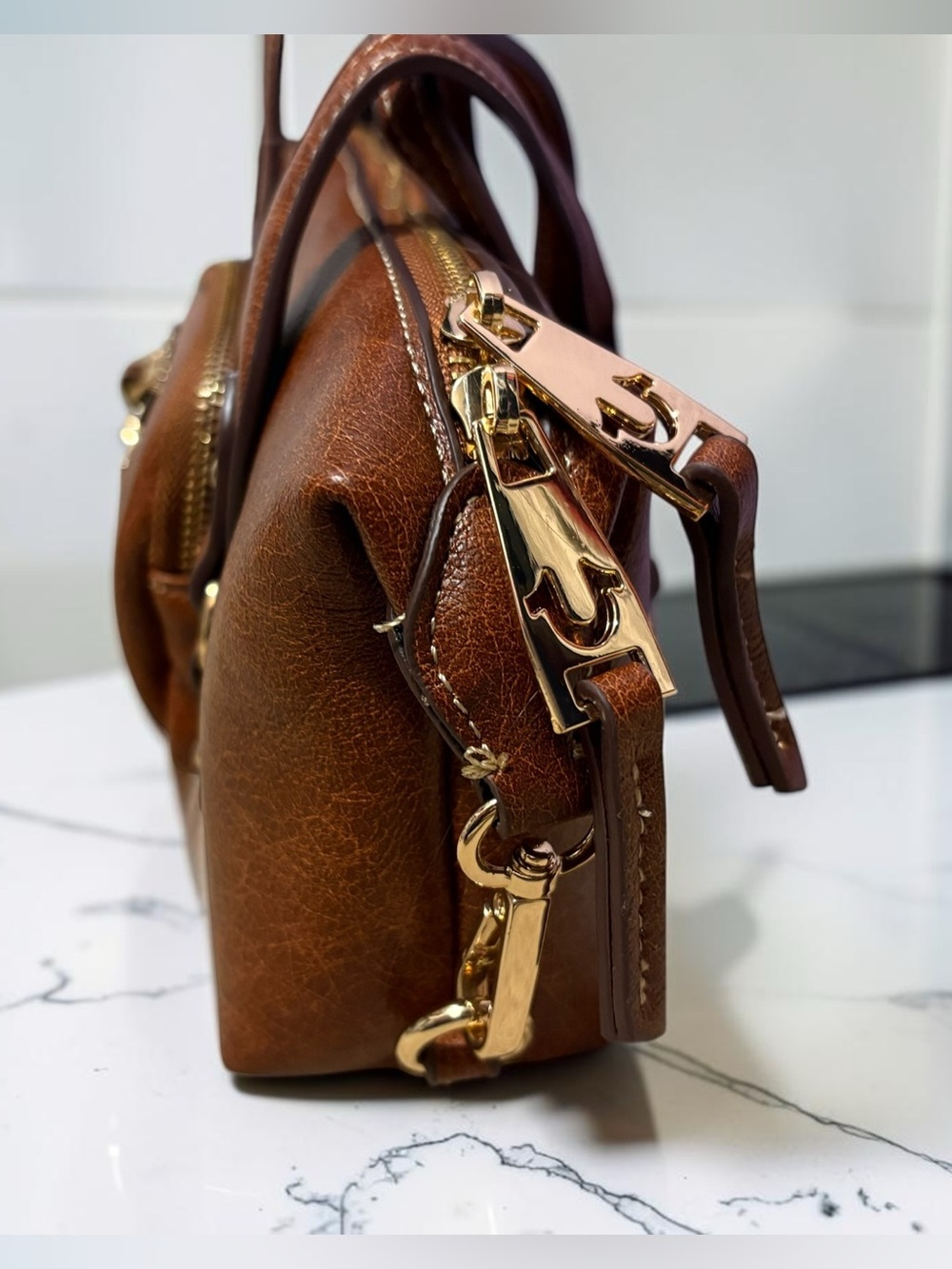 NWT True Religion Brown Shoulder Handbag with Gold Hardware and Logo Lining - Picture 5 of 8